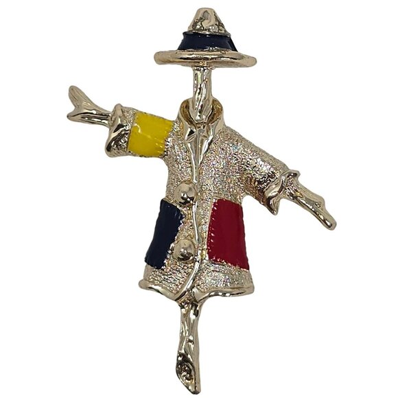 Vintage Sarah Coventry Scarecrow Brooch Enamel Gold Tone Patchwork Fall Pin - Picture 1 of 8